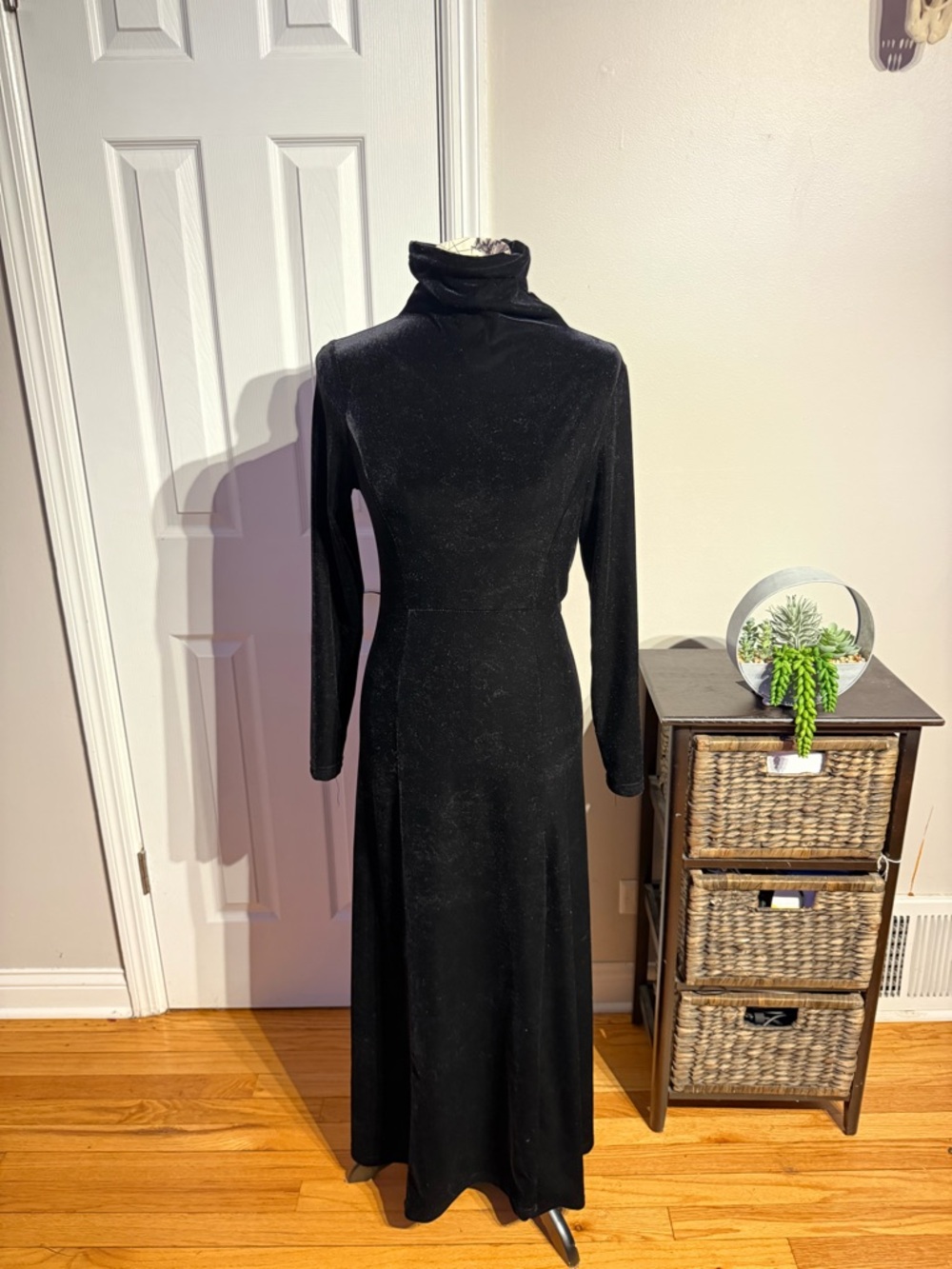 Vintage Velour velvet Black Turtle Long-Sleeve Formal Evening tailored Dress M